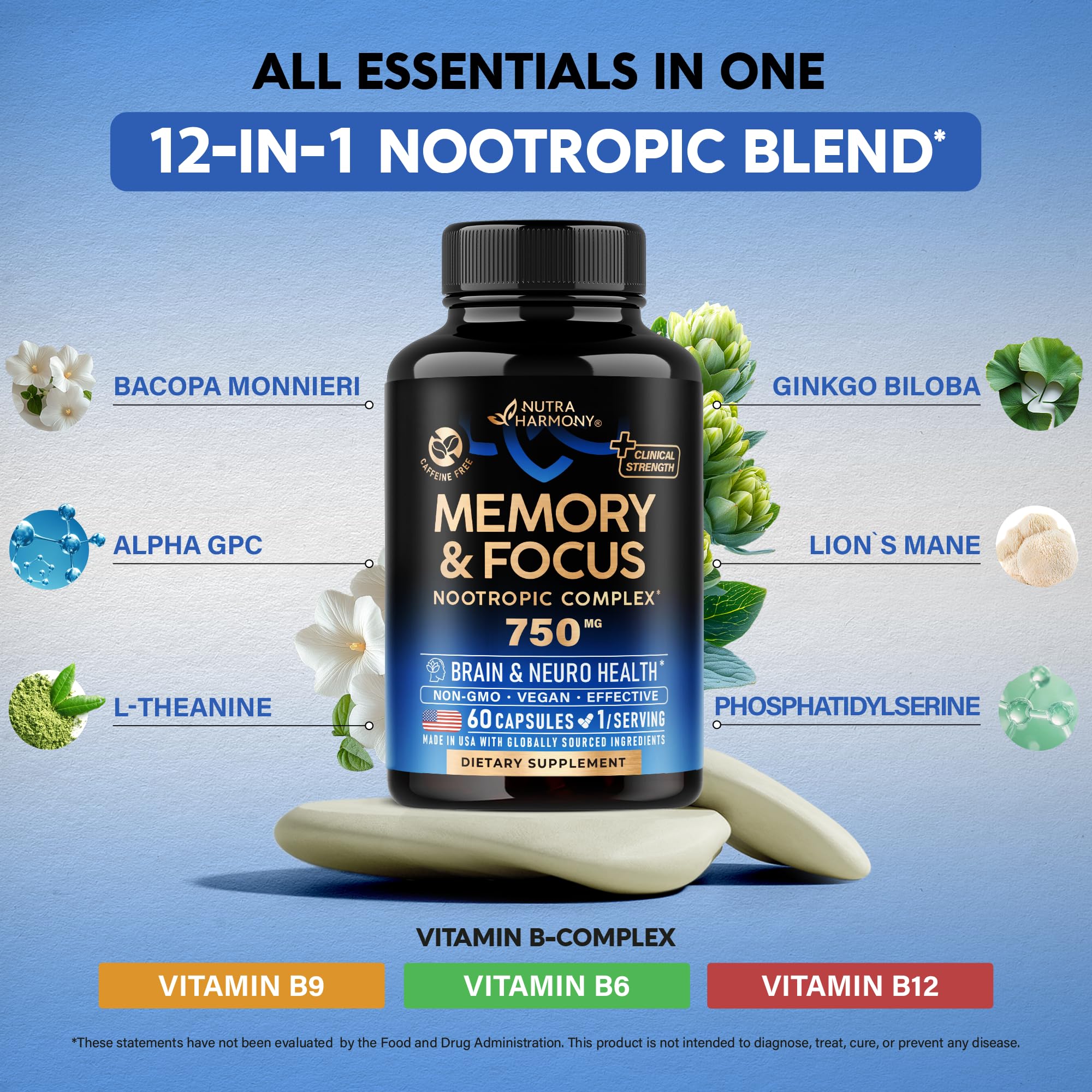 Foto 5 | Suplemento Nutraharmony Brain Memory Focus 750 Mg 60 Cápsulas - Venta Internacional.