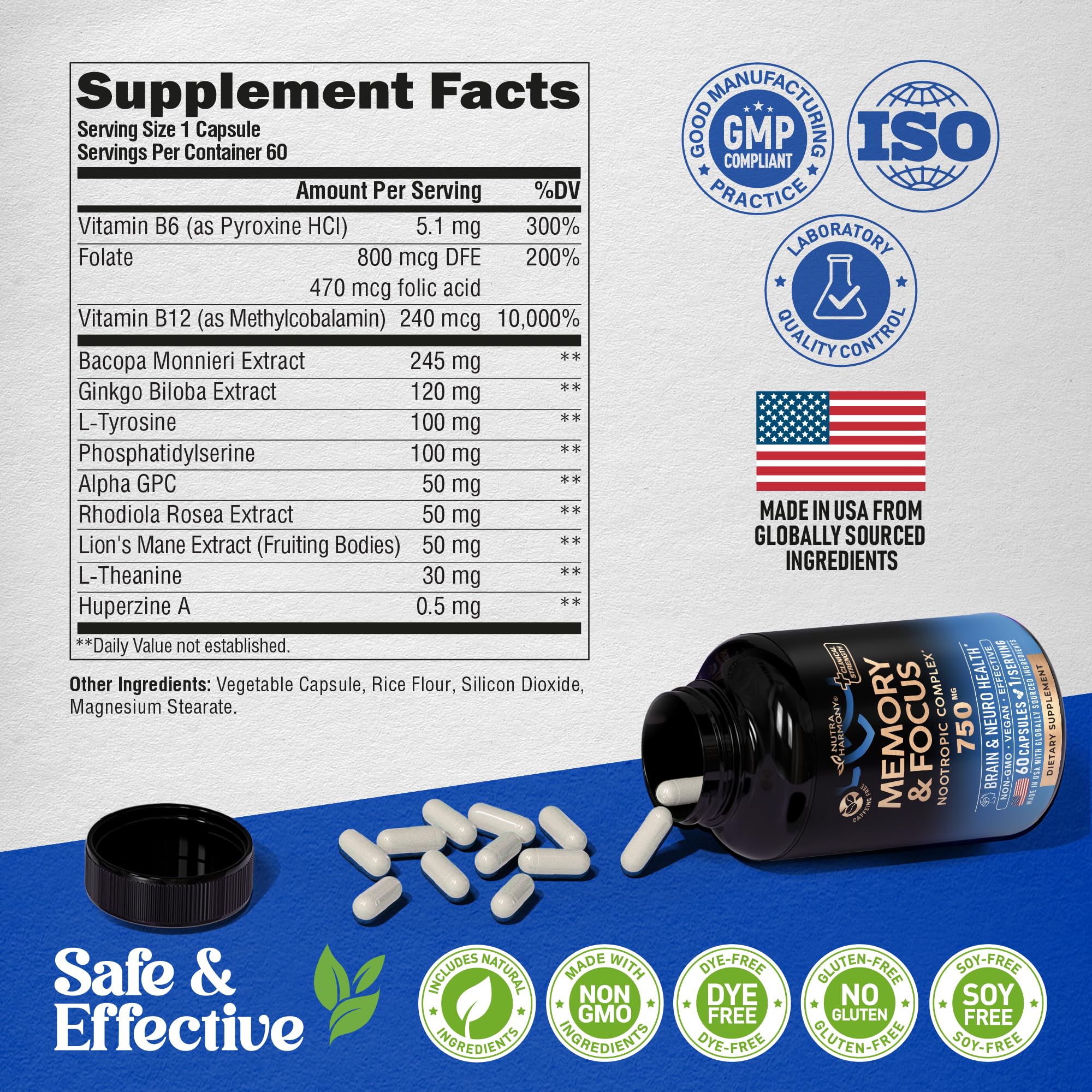 Foto 7 | Suplemento Nutraharmony Brain Memory Focus 750 Mg 60 Cápsulas - Venta Internacional.