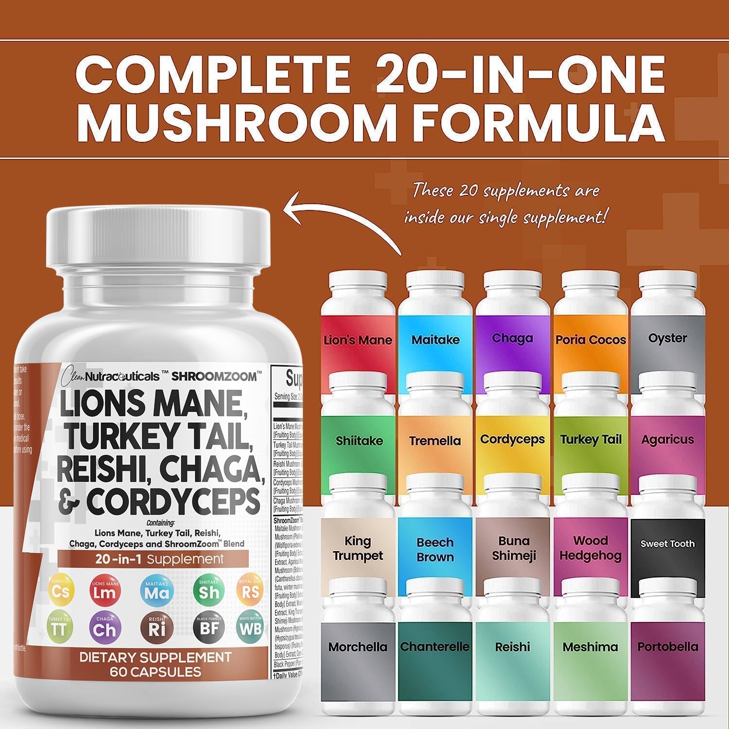 Foto 3 pulgar | Suplemento De Hongos Clean Nutraceuticals Lions Mane 20 En 1 - Venta Internacional.