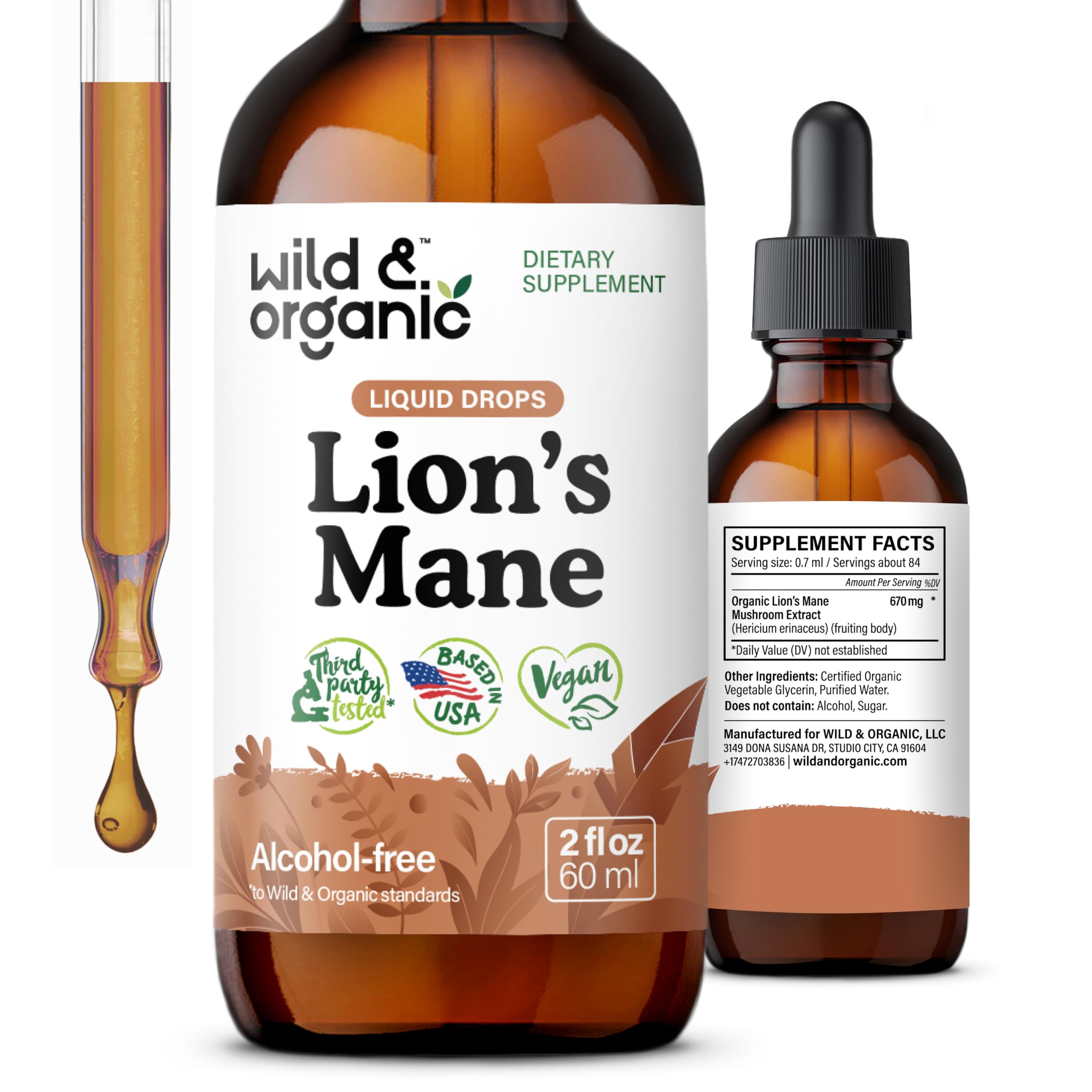 Foto 2 pulgar | Lions Mane Liquid Drops Wild & Organic Brain Support 60 Ml - Venta Internacional.