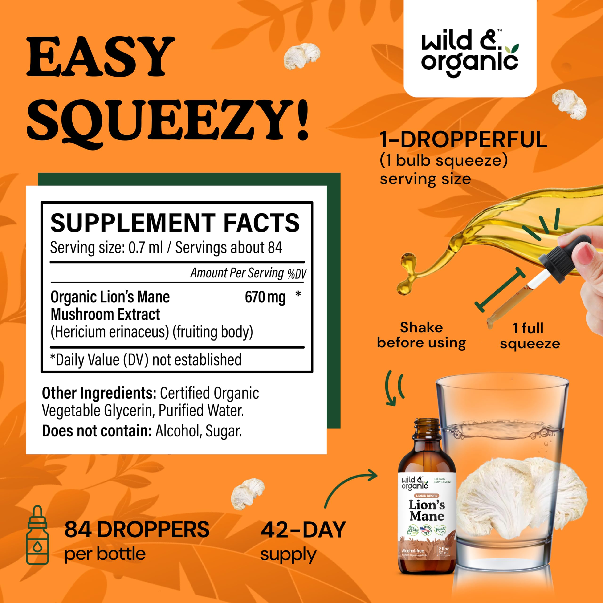 Foto 4 pulgar | Lions Mane Liquid Drops Wild & Organic Brain Support 60 Ml - Venta Internacional.