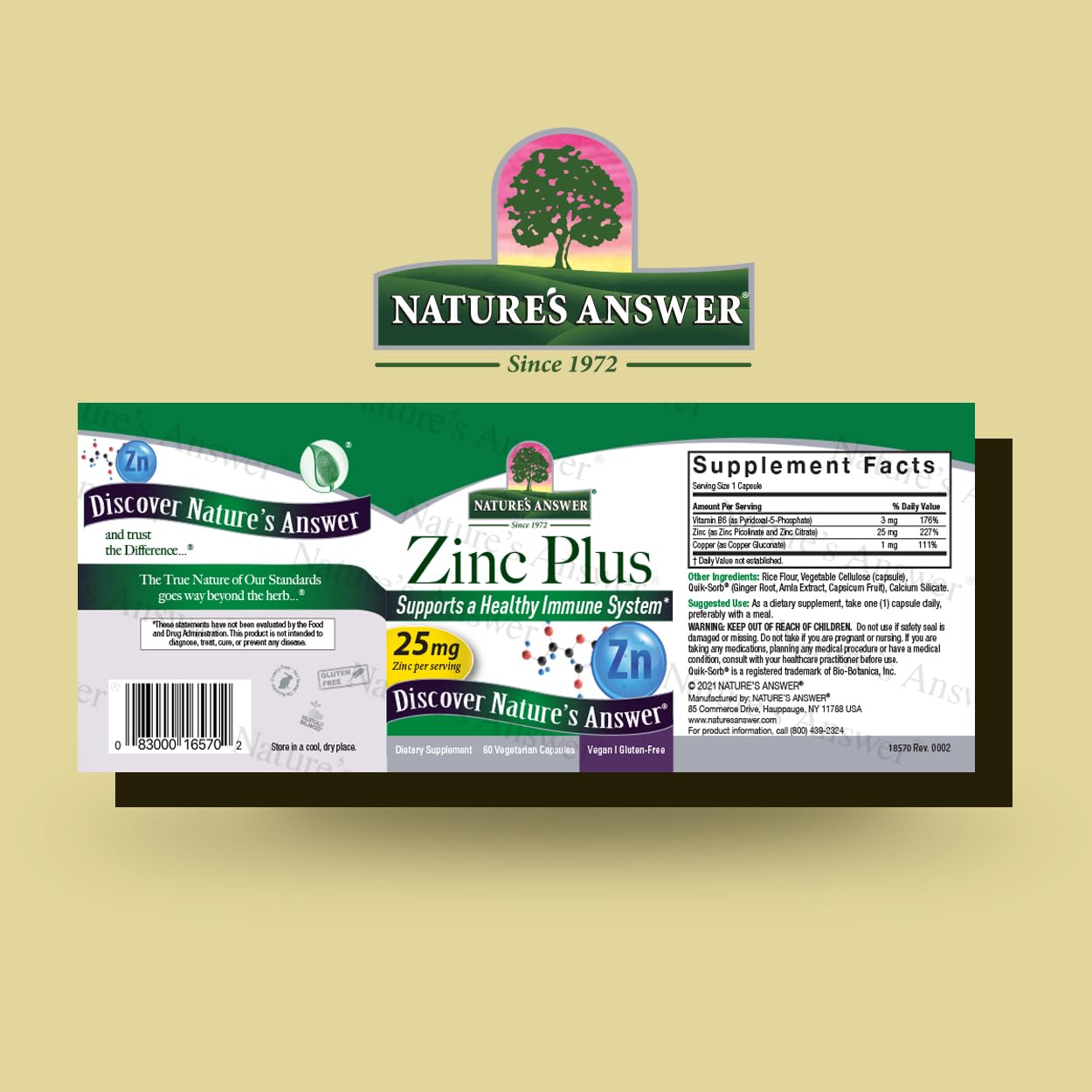 Foto 3 pulgar | Suplemento Nature's Answer Zinc Plus 25 Mg Con B6 60 Cápsulas - Venta Internacional.