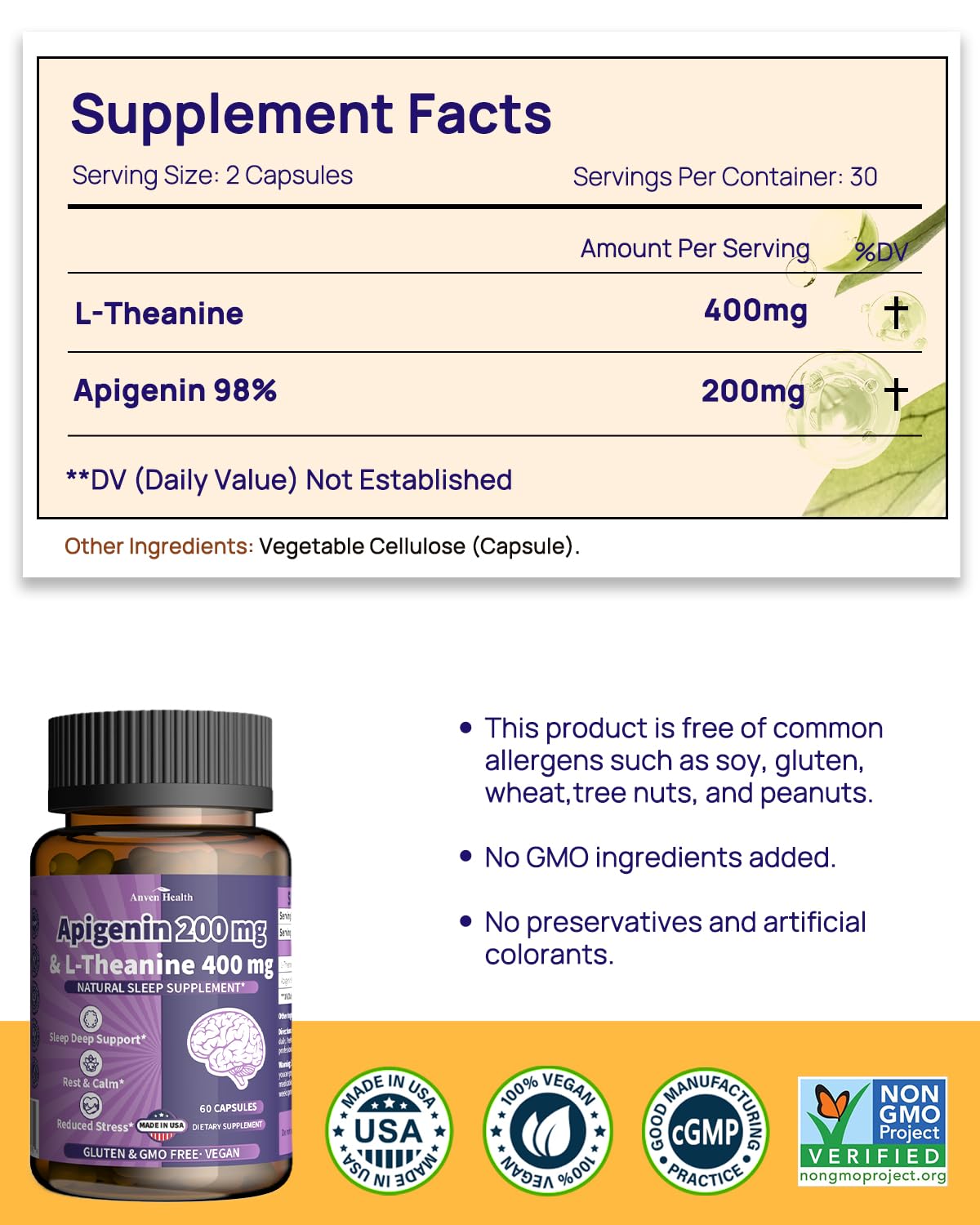 Foto 3 pulgar | Suplemento de Apigenina 200 mg y L-teanina 400 mg -  Venta Internacional