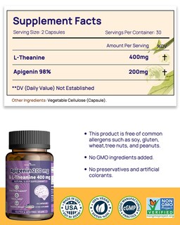 Foto 2 | Suplemento de Apigenina 200 mg y L-teanina 400 mg - Venta Internacional