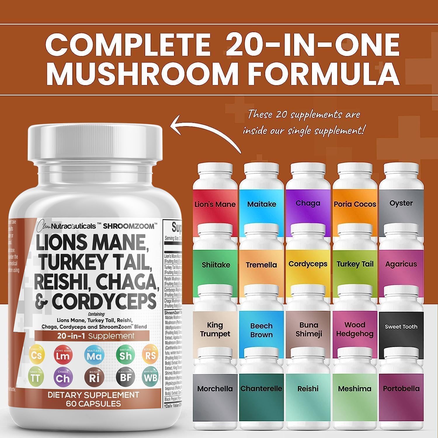 Foto 3 pulgar | Suplement Clean Nutraceuticals Lions Mane Mushroom 20 En 1 - Venta Internacional.