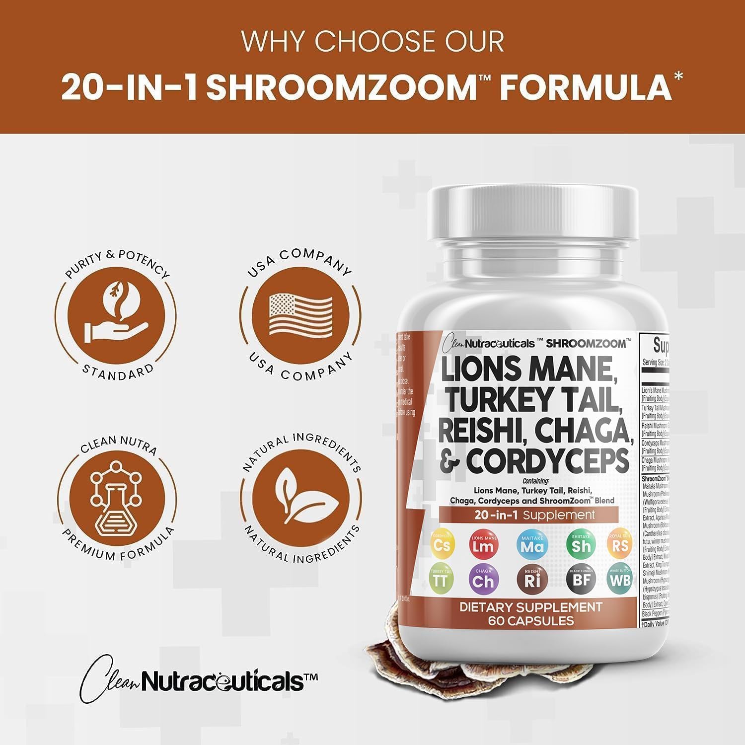 Foto 5 pulgar | Suplement Clean Nutraceuticals Lions Mane Mushroom 20 En 1 - Venta Internacional.