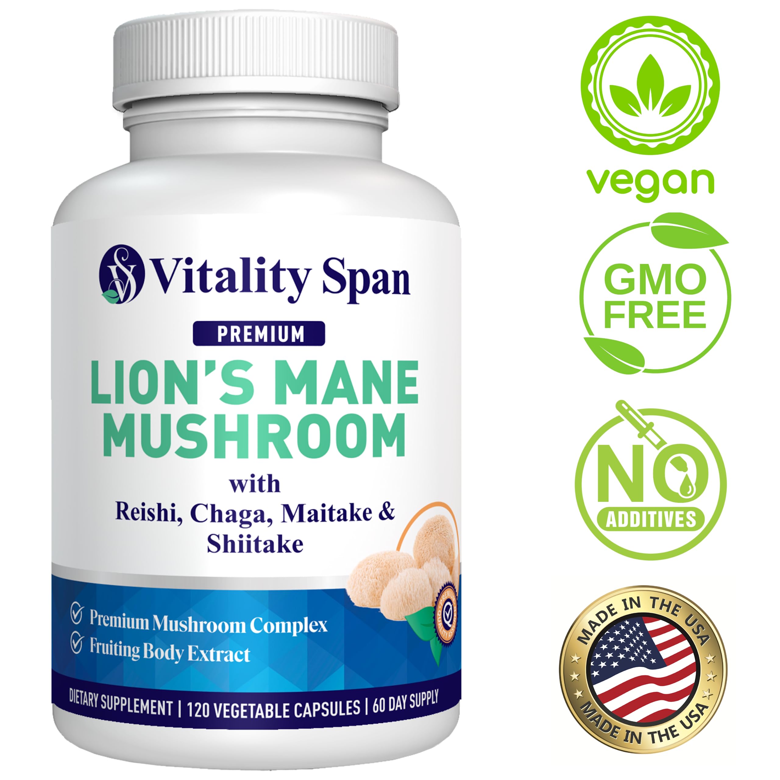 Foto 5 pulgar | Suplemento Vitality Span Lions Mane Y Extracto De Hongos 120 Cápsulas - Venta Internacional.