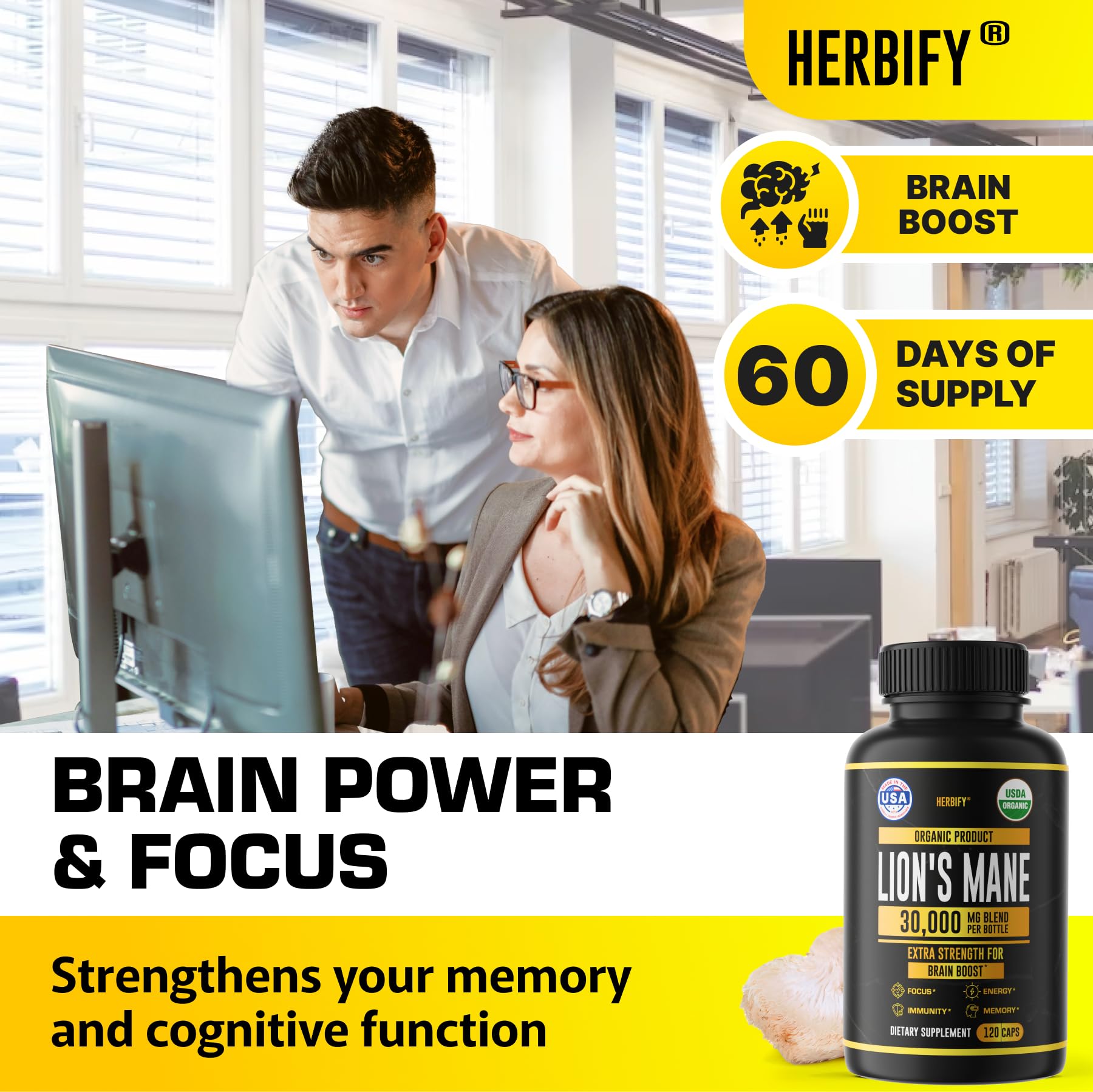 Foto 3 pulgar | Suplemento Lions Mane Herbify Memory Focus Clarity 120 Cápsulas - Venta Internacional.
