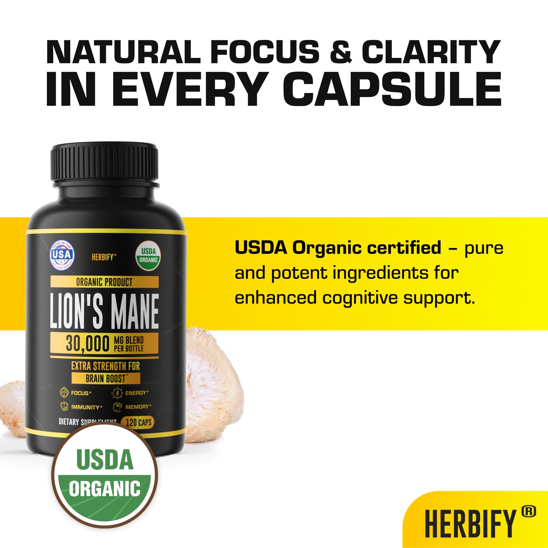Foto 6 pulgar | Suplemento Lions Mane Herbify Memory Focus Clarity 120 Cápsulas - Venta Internacional.
