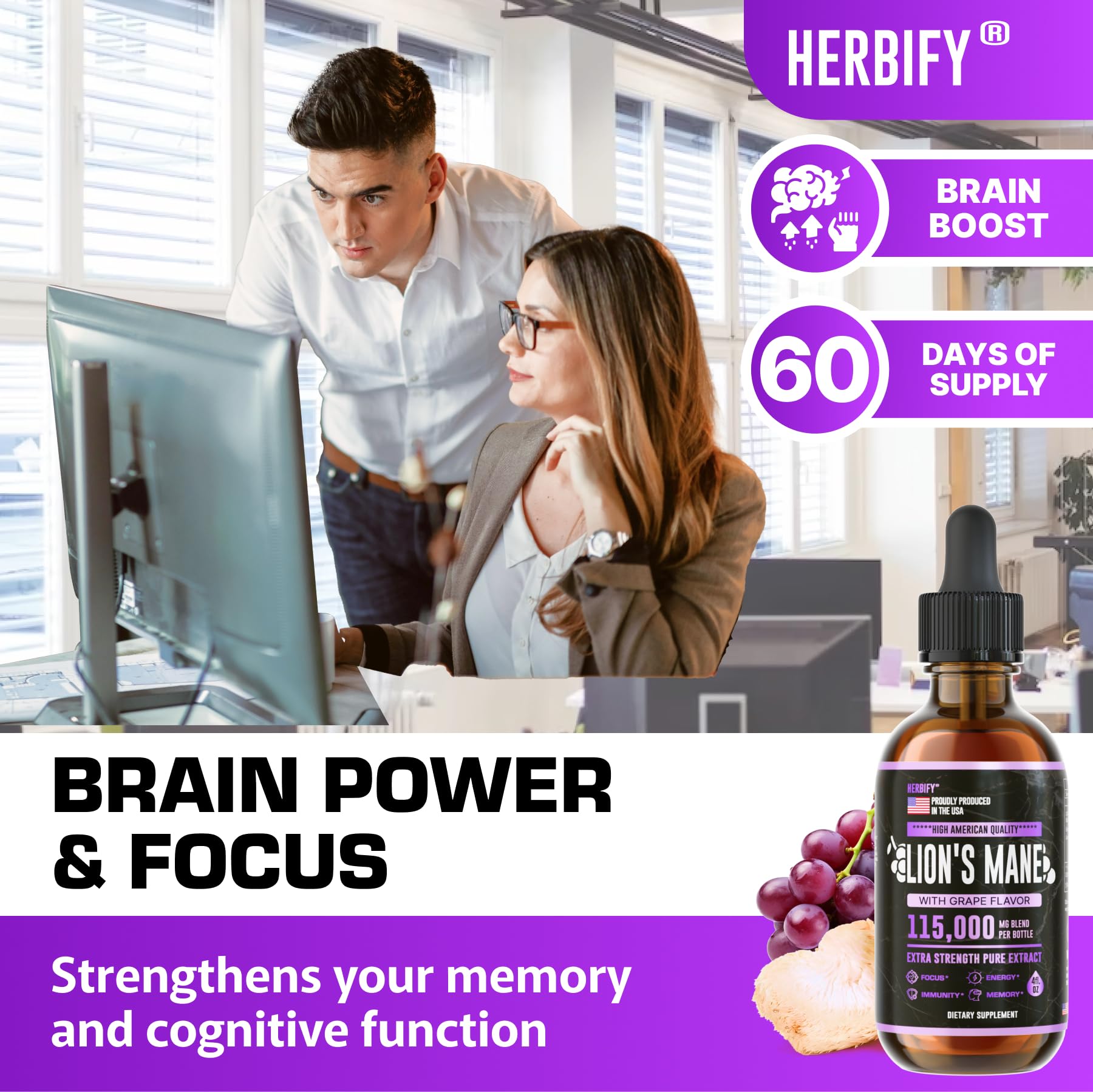Foto 3 pulgar | Suplemento Herbify Lions Mane Tincture De 120 Ml Para Memoria Y Concentración - Venta Internacional.