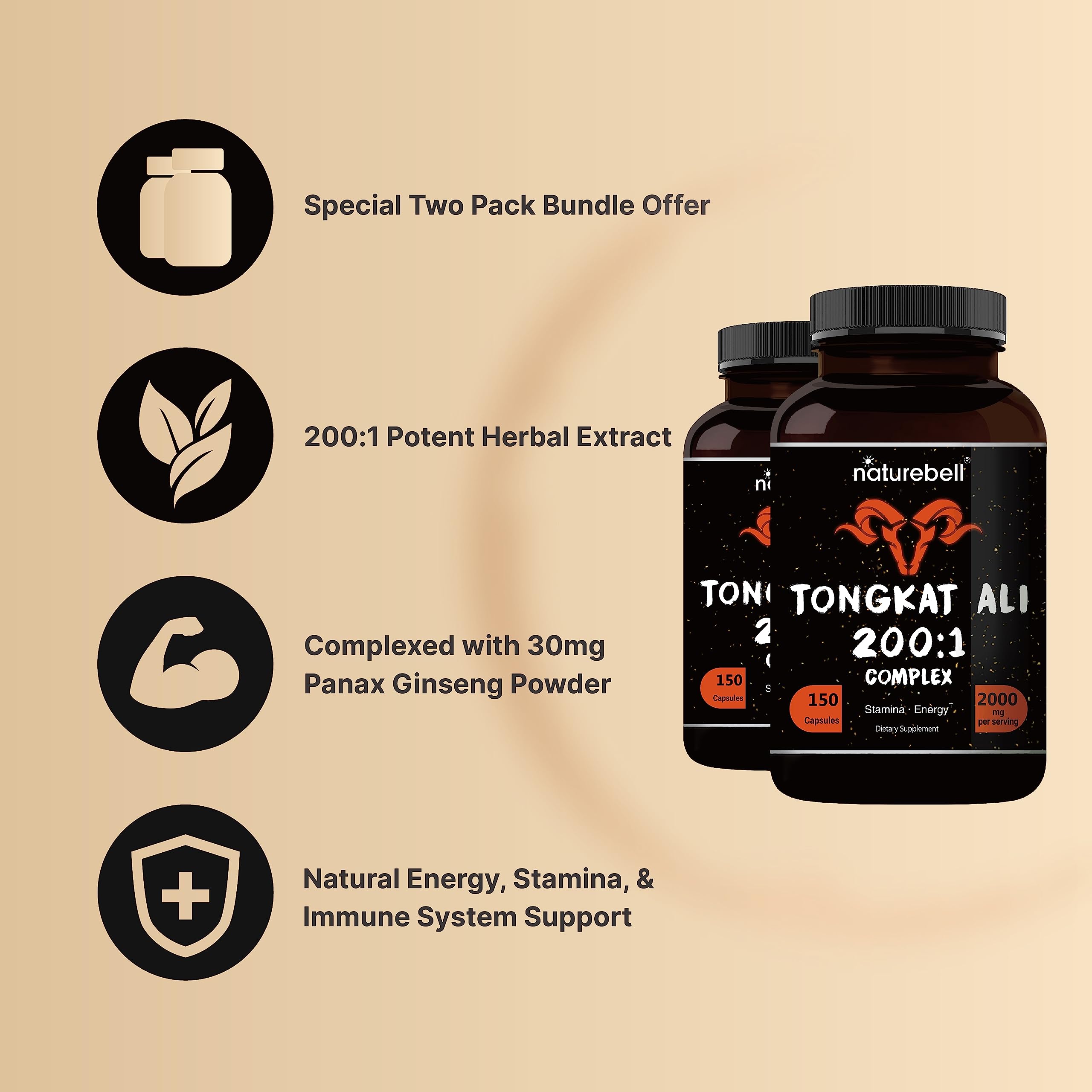 Foto 5 pulgar | Suplemento Naturebell Tongkat Ali 200:1 Extracto 2000 Mg - Venta Internacional.