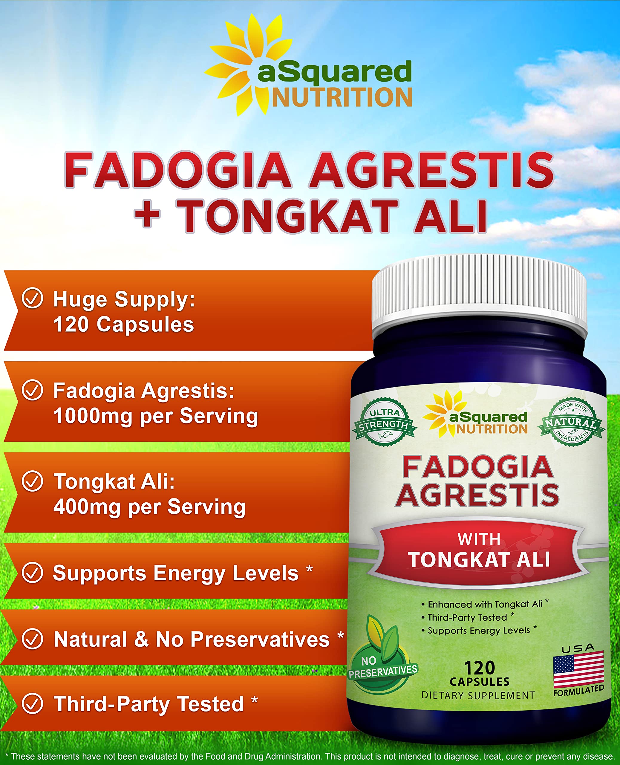 Foto 3 pulgar | Suplemento Asquared Nutrition Fadogia Agrestis 1000 Mg Y Tongkat Ali 400 Mg - 120 Cápsulas - Venta Internacional.
