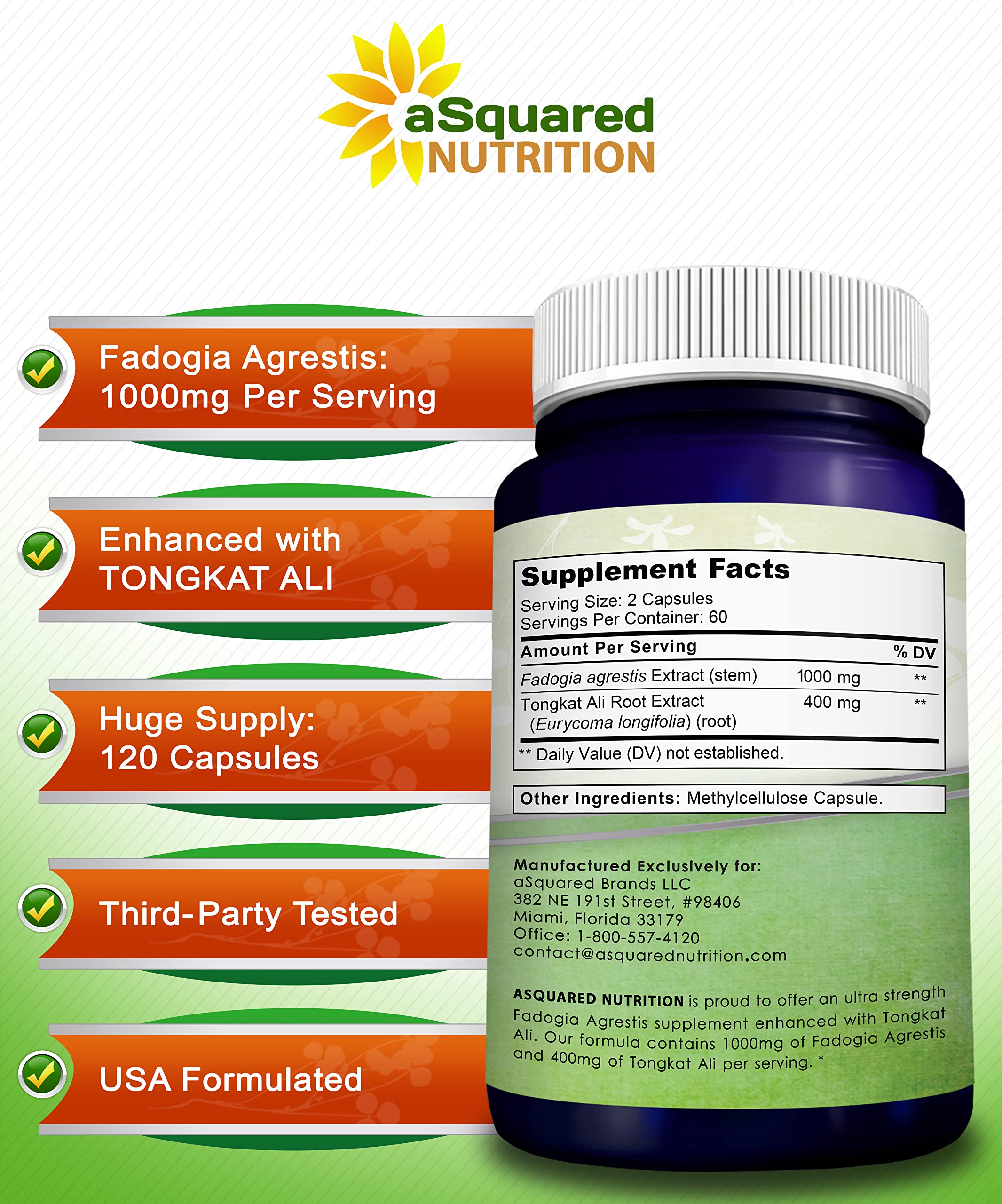 Foto 7 pulgar | Suplemento Asquared Nutrition Fadogia Agrestis 1000 Mg Y Tongkat Ali 400 Mg - 120 Cápsulas - Venta Internacional.