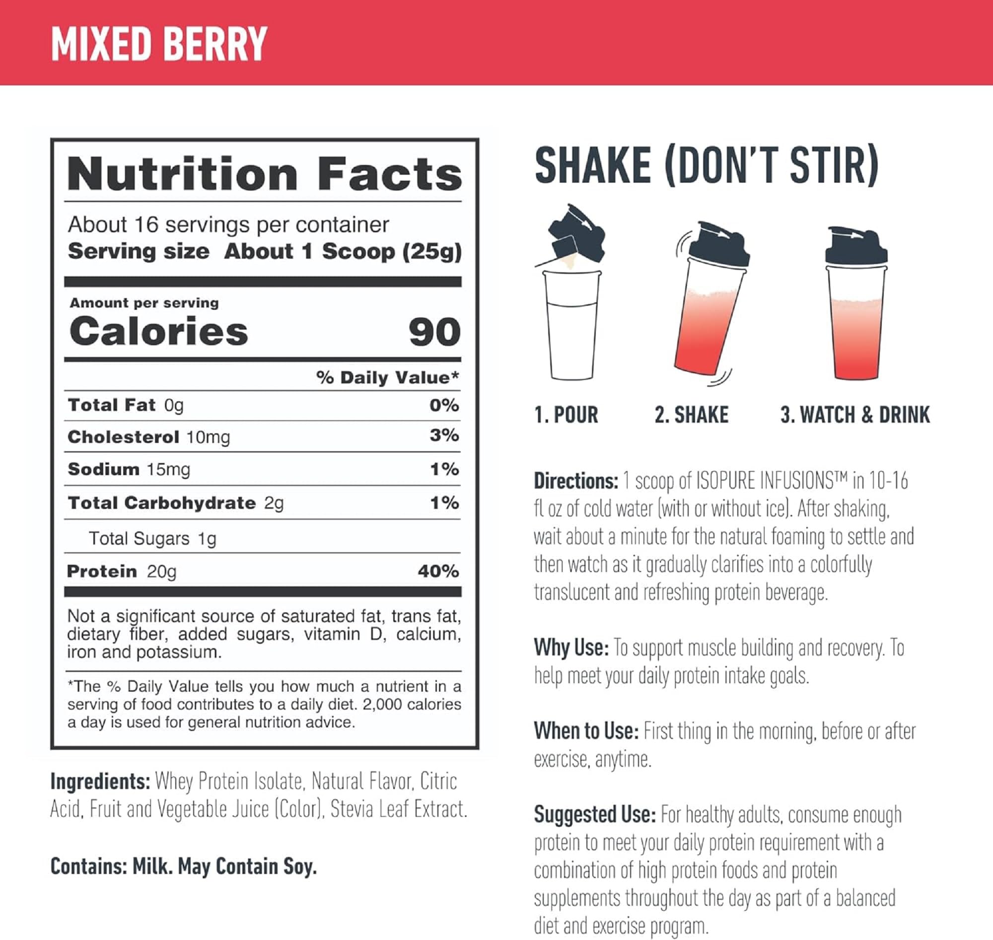Foto 4 pulgar | Proteína En Polvo Isopure Clear Whey Isolate Mixed Berry, 16 Raciones - Venta Internacional.