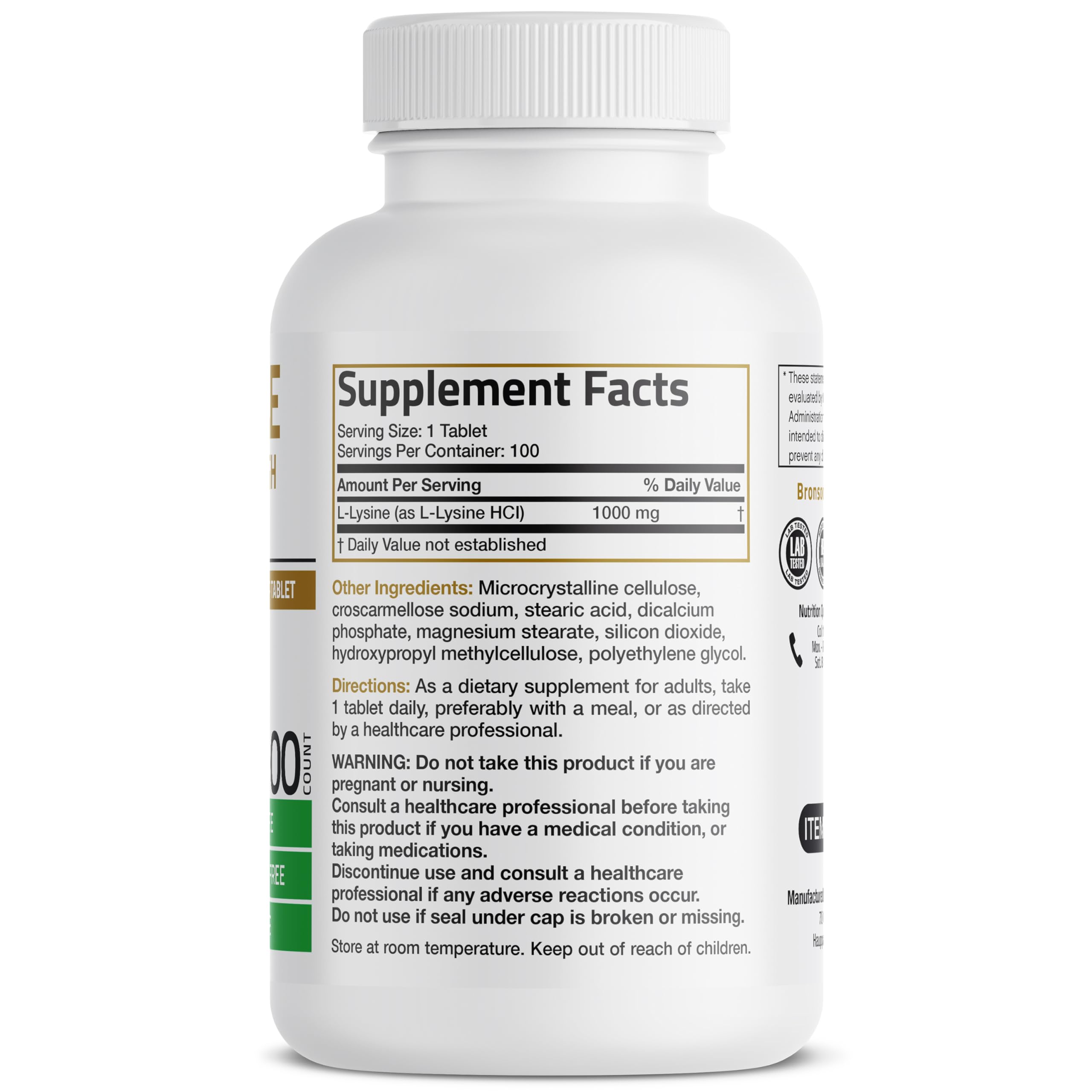 Foto 5 pulgar | Suplemento Bronson L-lisina Extra Strength 1000 Mg 100 Comprimidos - Venta Internacional.
