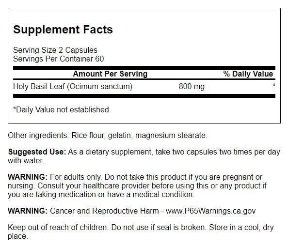 Foto 3 pulgar | Suplemento Swanson Holy Basil Leaf (tulsi) 800 Mg 120 Cápsulas - Venta Internacional.