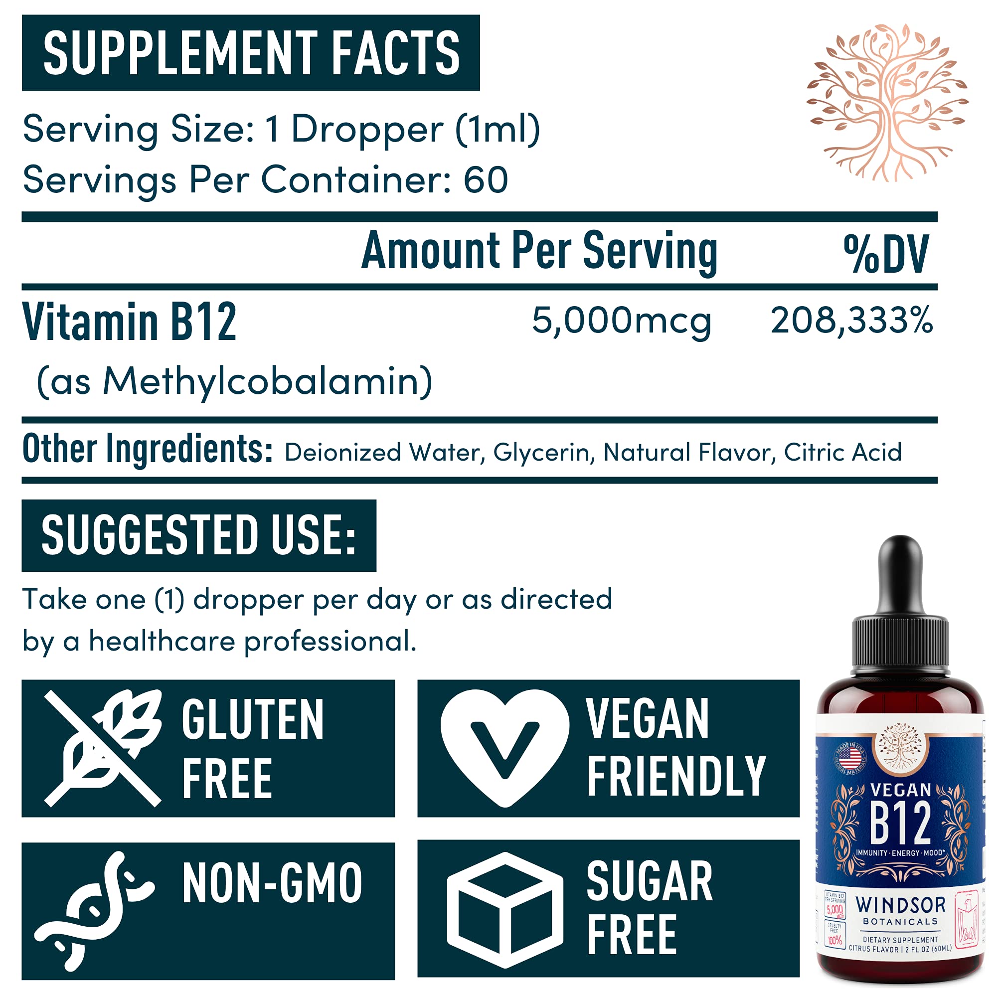 Foto 6 pulgar | Vitamina B12 Líquida Windsor Botanicals Max Strength 5000 mcg - Venta Internacional