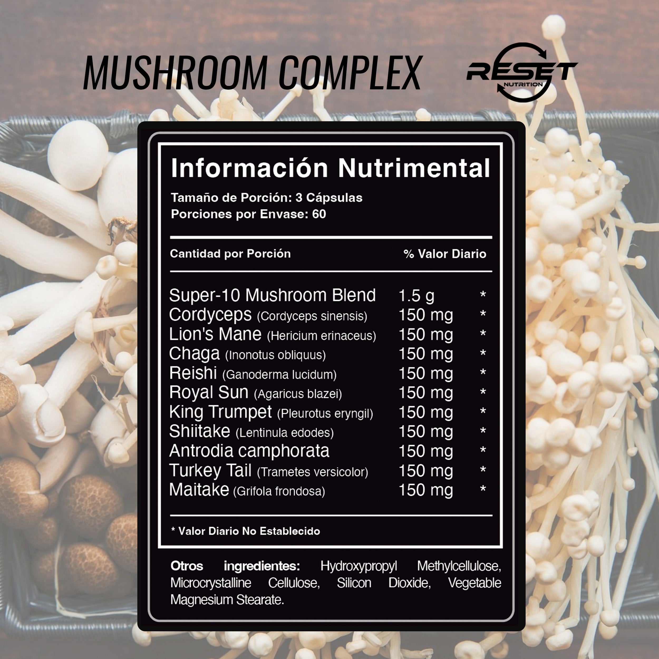 Foto 3 pulgar | Reset Nutrition | Mushroom Complex – 10 Hongos Medicinales | Energía, Inmunidad, Memoria Y Antioxidantes