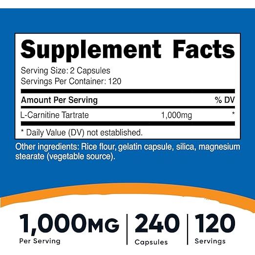 Foto 5 pulgar | L-carnitina Tartrato 1000 Mg Nutricost 240 Cápsulas