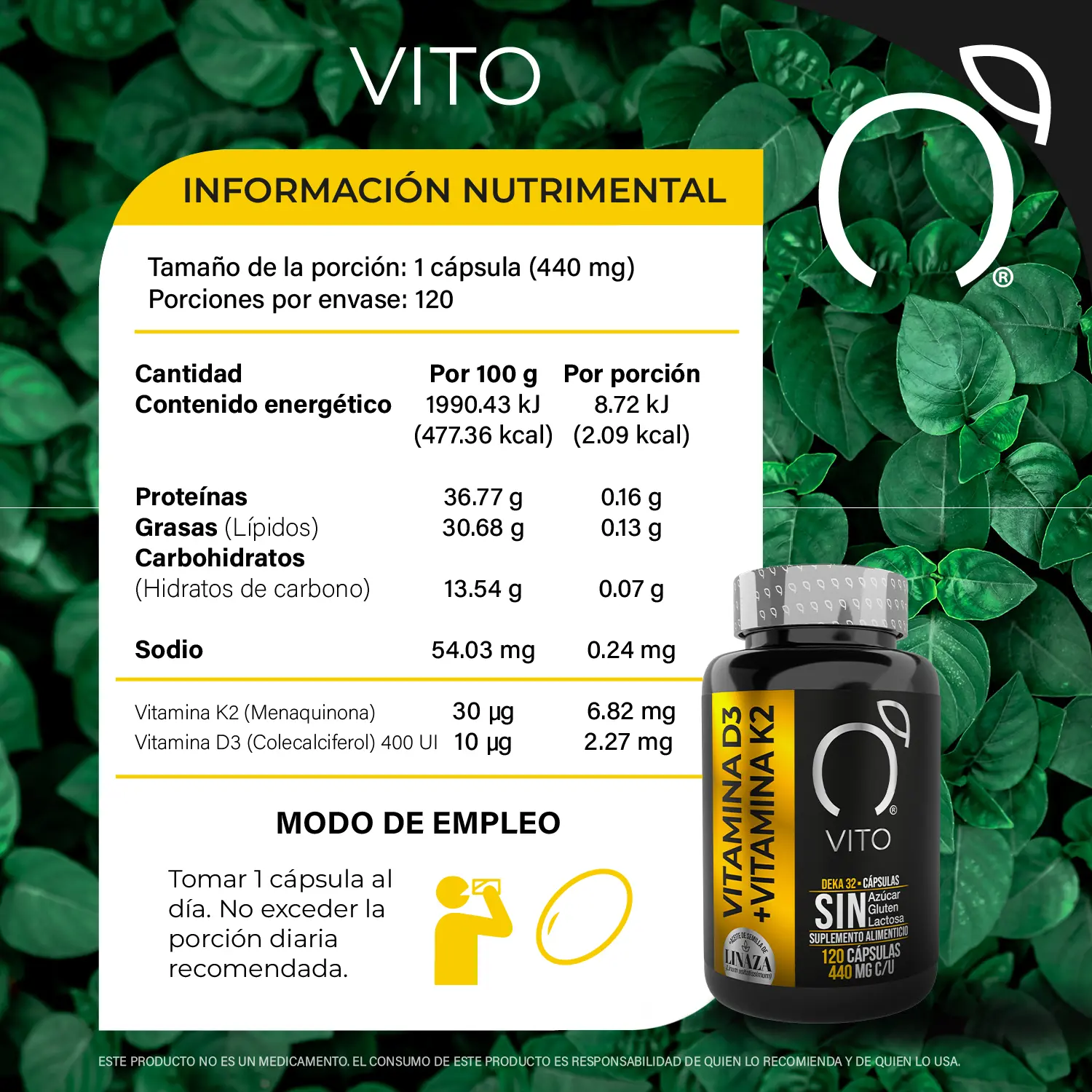 Foto 3 pulgar | Suplemento Alimenticio Vito Vitamina D3 + K2 con Aceite de Linaza 120 cápsulas 440 mg