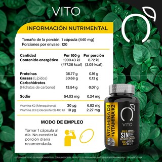 Foto 2 | Suplemento Alimenticio Vito Vitamina D3 + K2 con Aceite de Linaza 120 cápsulas 440 mg