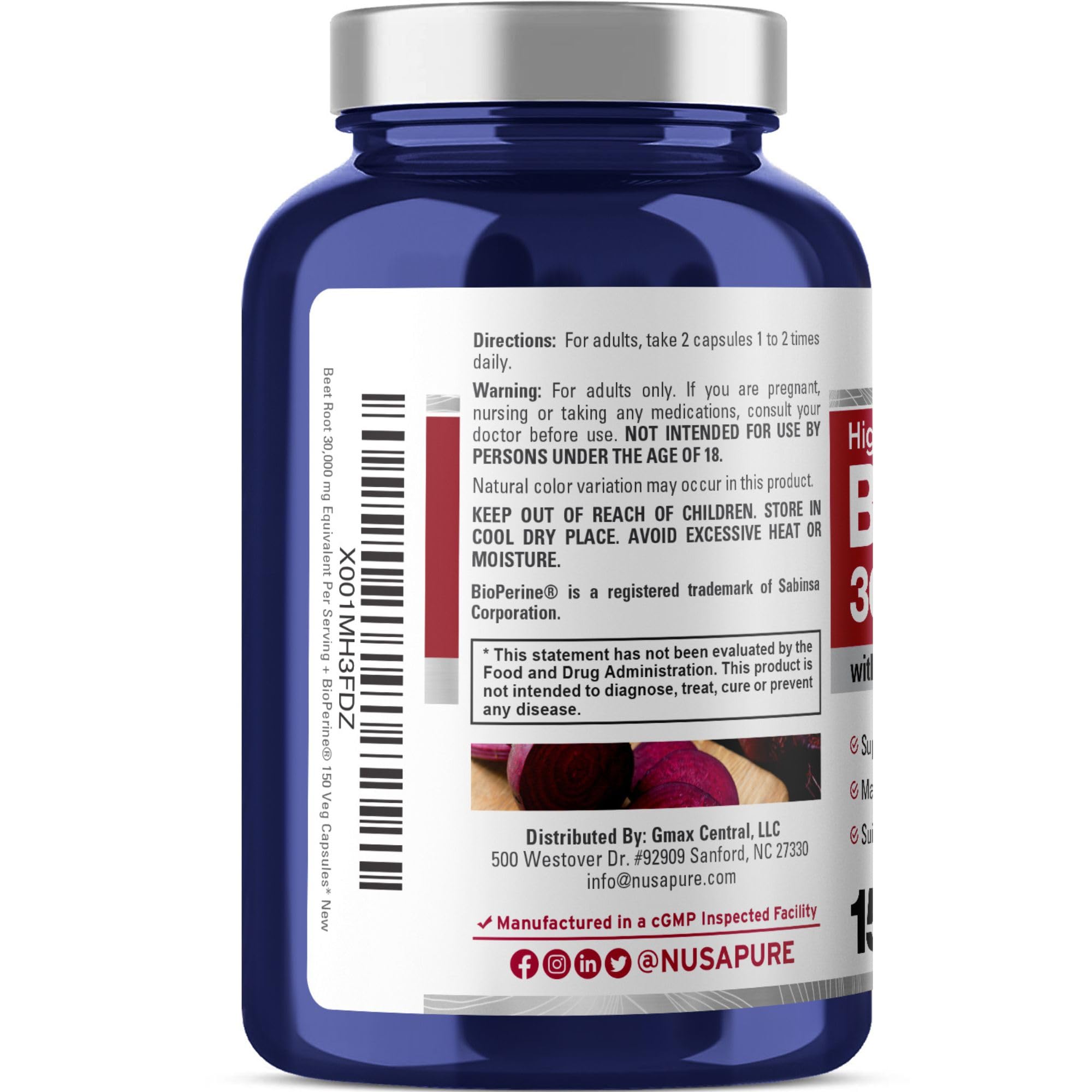 Foto 5 pulgar | Suplemento De Raíz De Remolacha Nusapure, 30 000 Mg, 150 Cápsulas Vegetarianas - Venta Internacional.