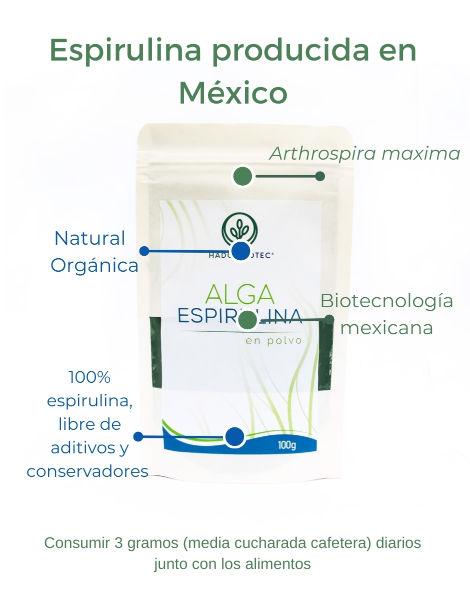 Foto 4 pulgar | Alga Espirulina En Polvo Hadosbiotec Pack 3 Piezas 100 G C/u Ingredientes Naturales 100% Alga Espirulina Sin Conservad