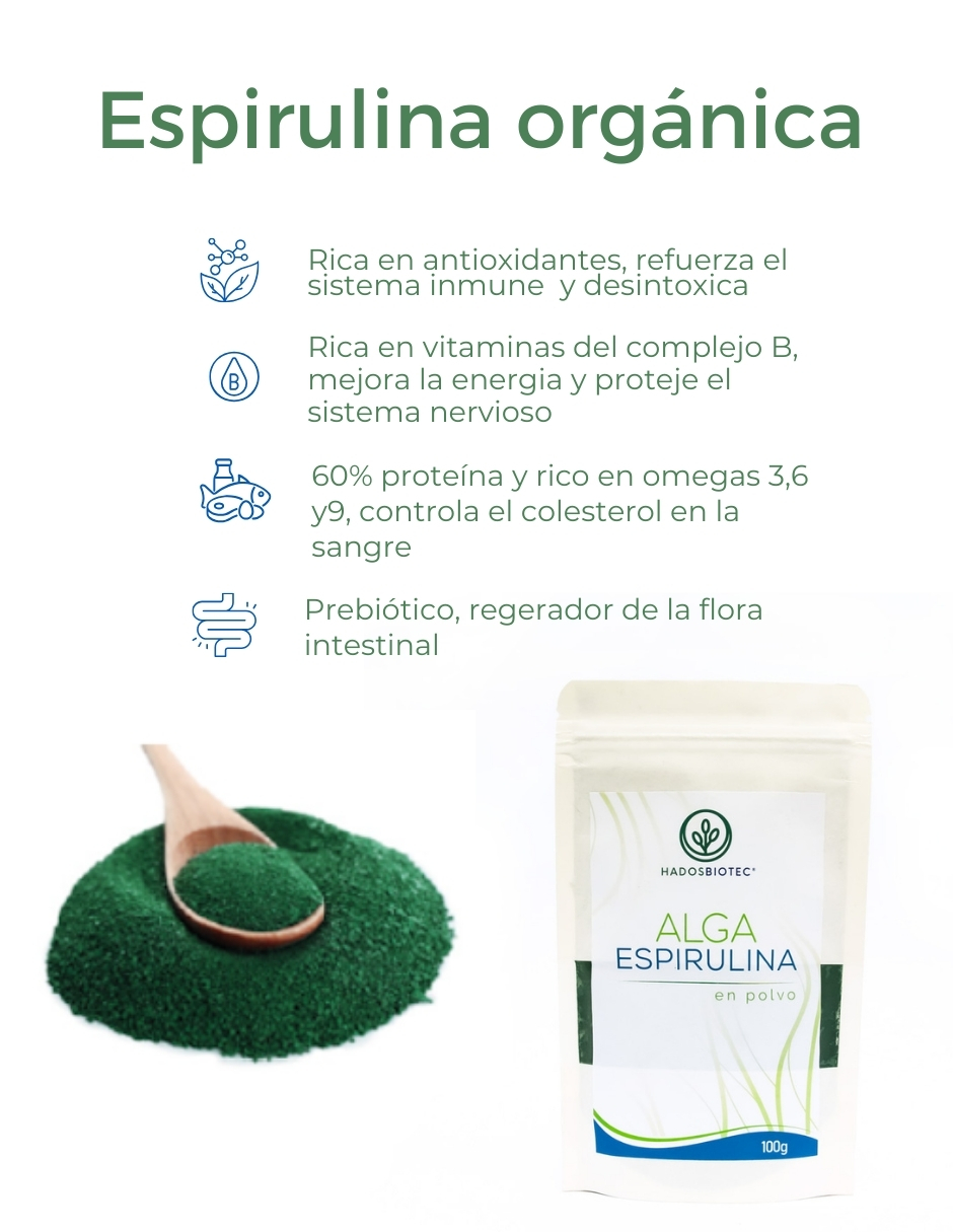 Foto 4 | Alga Espirulina En Polvo Hadosbiotec Pack 3 Piezas 100 G C/u Ingredientes Naturales 100% Alga Espirulina Sin Conservad