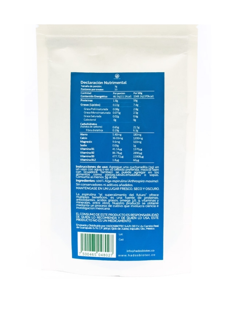 Foto 6 pulgar | Alga Espirulina En Polvo Hadosbiotec Pack 3 Piezas 100 G C/u Ingredientes Naturales 100% Alga Espirulina Sin Conservad