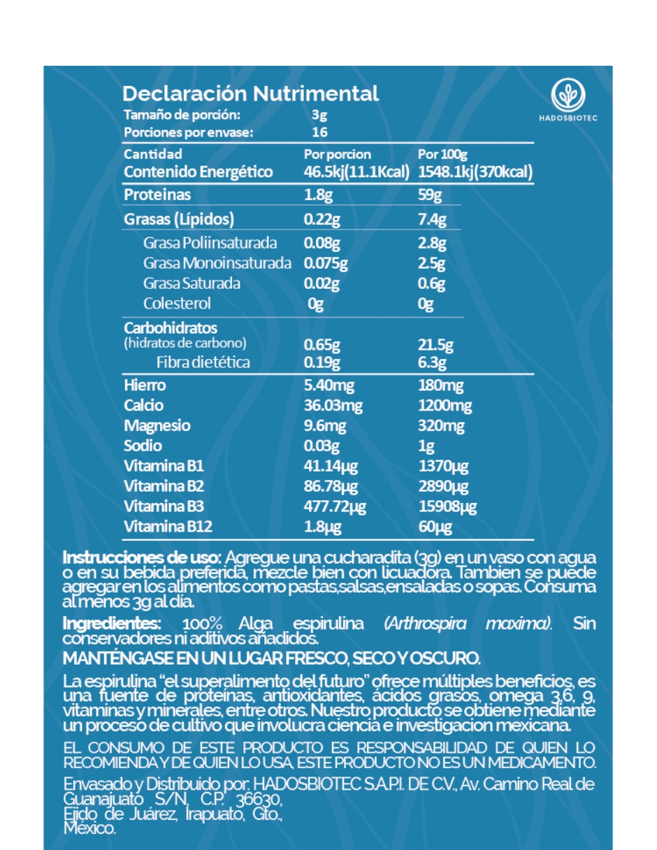 Foto 7 pulgar | Alga Espirulina En Polvo Hadosbiotec Pack 3 Piezas 100 G C/u Ingredientes Naturales 100% Alga Espirulina Sin Conservad