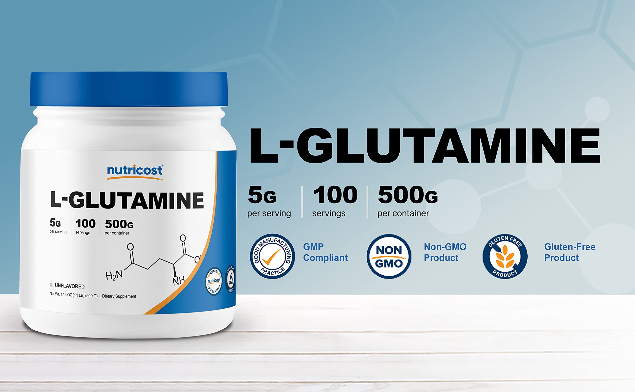 Foto 4 | Suplemento Nutricost L-glutamina En Polvo 500 G Sin Sabor - Venta Internacional.
