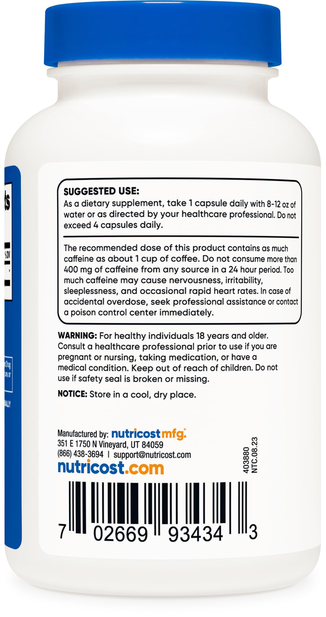 Foto 4 pulgar | Píldoras De Cafeína Nutricost 100 Mg/porción 250 Cápsulas - Venta Internacional.