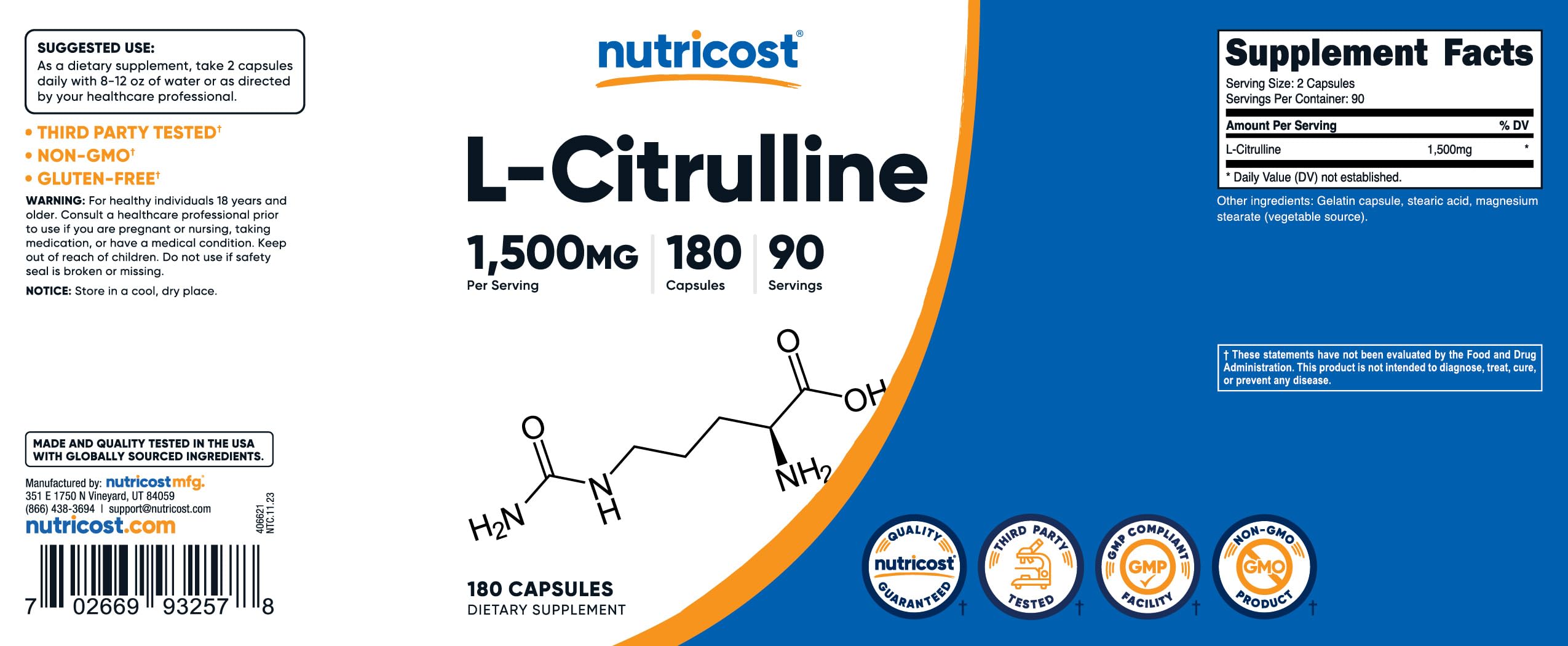 Foto 7 pulgar | Suplemento Nutricost L-citrulina 1500 Mg 180 Cápsulas - Venta Internacional.