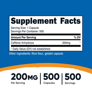 Foto 2 | Píldoras De Cafeína Nutricost 200 Mg/porción 500 Cápsulas - Venta Internacional.