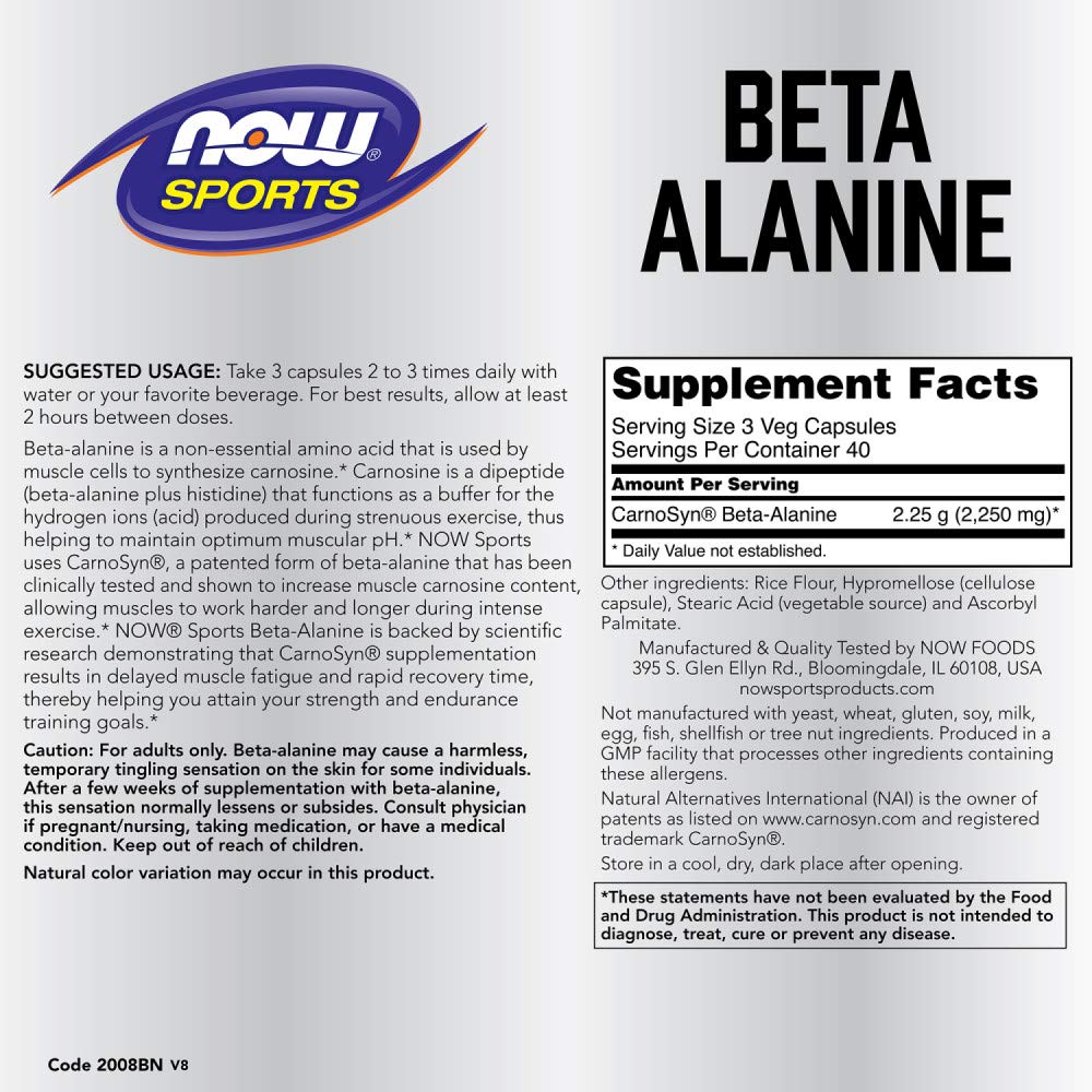 Foto 3 pulgar | Beta-alanina Supplement Now Sports Nutrition 750 Mg 120 Cápsulas - Venta Internacional.