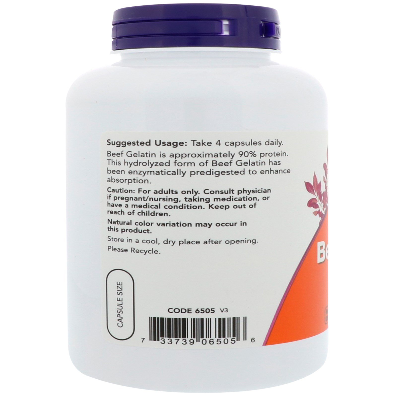 Foto 4 pulgar | Gelatina De Ternera Supplement Now, 550 Mg, Hidrolizada, 200 Cápsulas - Venta Internacional.