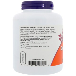 Foto 3 | Gelatina De Ternera Supplement Now, 550 Mg, Hidrolizada, 200 Cápsulas - Venta Internacional.