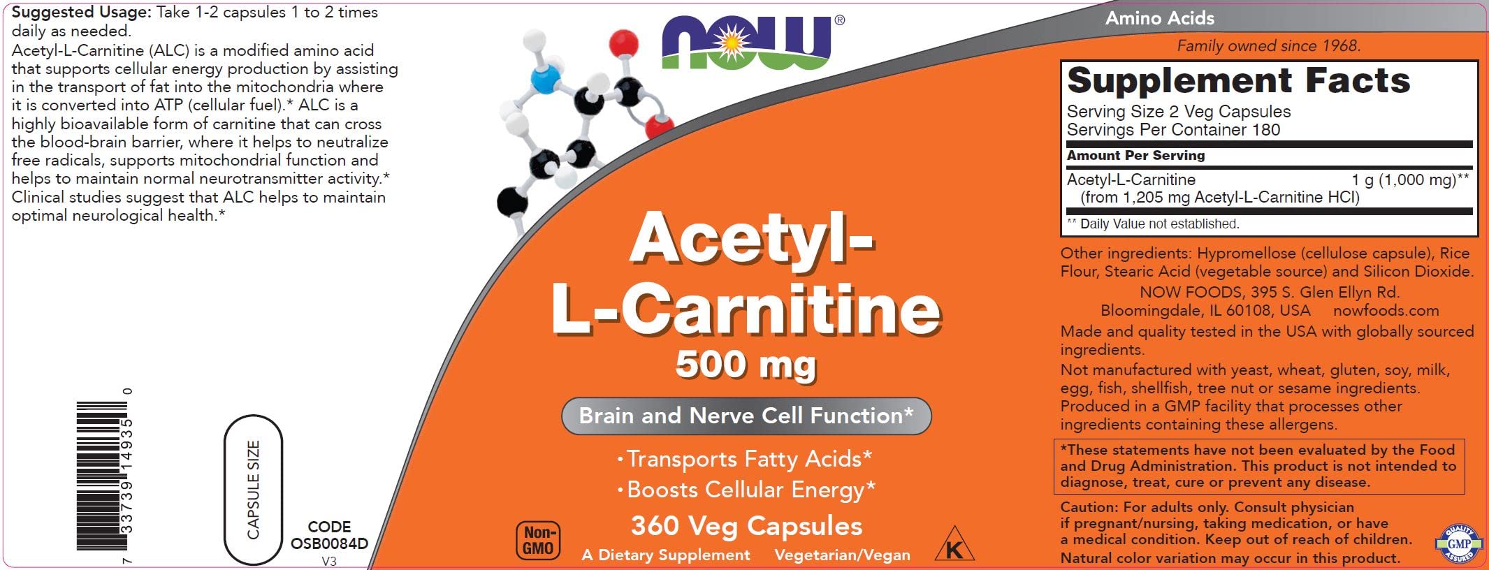 Foto 6 pulgar | Acetil L Carnitina De Supplement Now Foods, 500 Mg, 360 Cápsulas Vegetarianas - Venta Internacional.