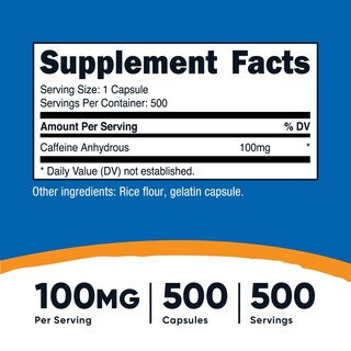 Foto 2 | Píldoras De Cafeína Nutricost 100 Mg 500 Cápsulas - Venta Internacional.