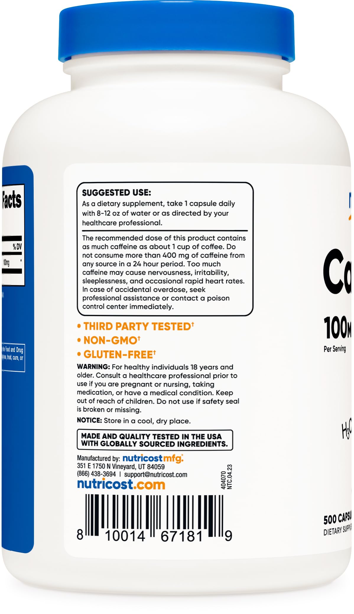 Foto 4 pulgar | Píldoras De Cafeína Nutricost 100 Mg 500 Cápsulas - Venta Internacional.
