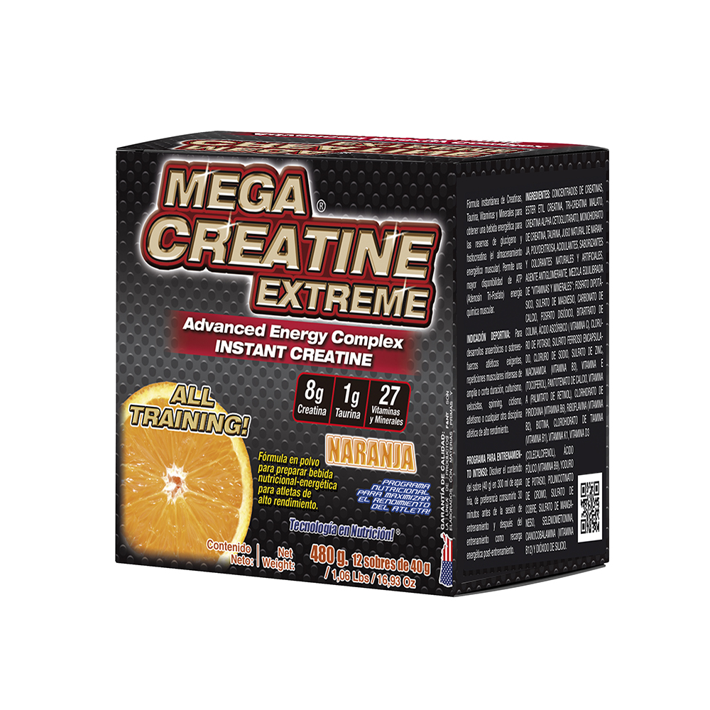 Mega Creatina Extreme Food & Nutrition Technologies 12 Sobres de 40g Sabor Naranja