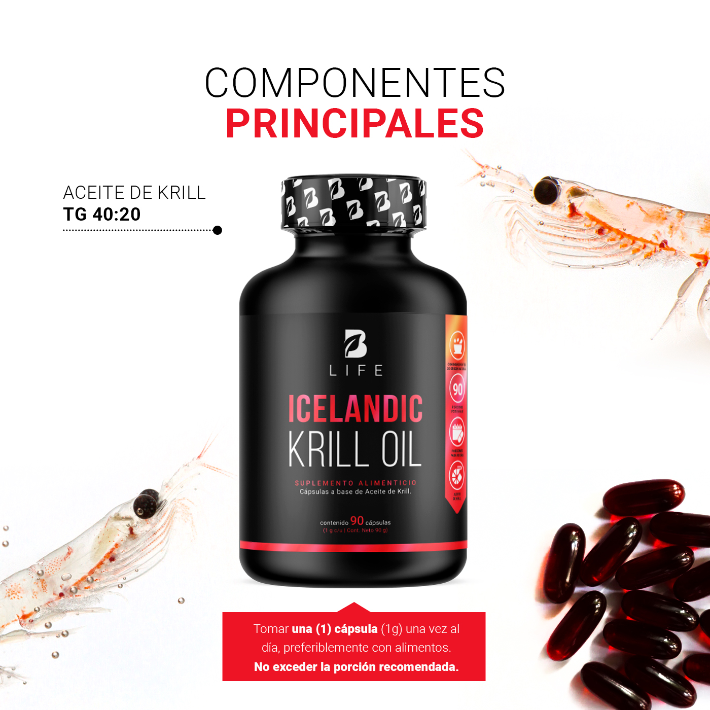 Foto 4 pulgar | Suplemento Alimenticio Aceite de Krill 90 Cápsulas 1000 mg Astaxantina EPA DHA B Life