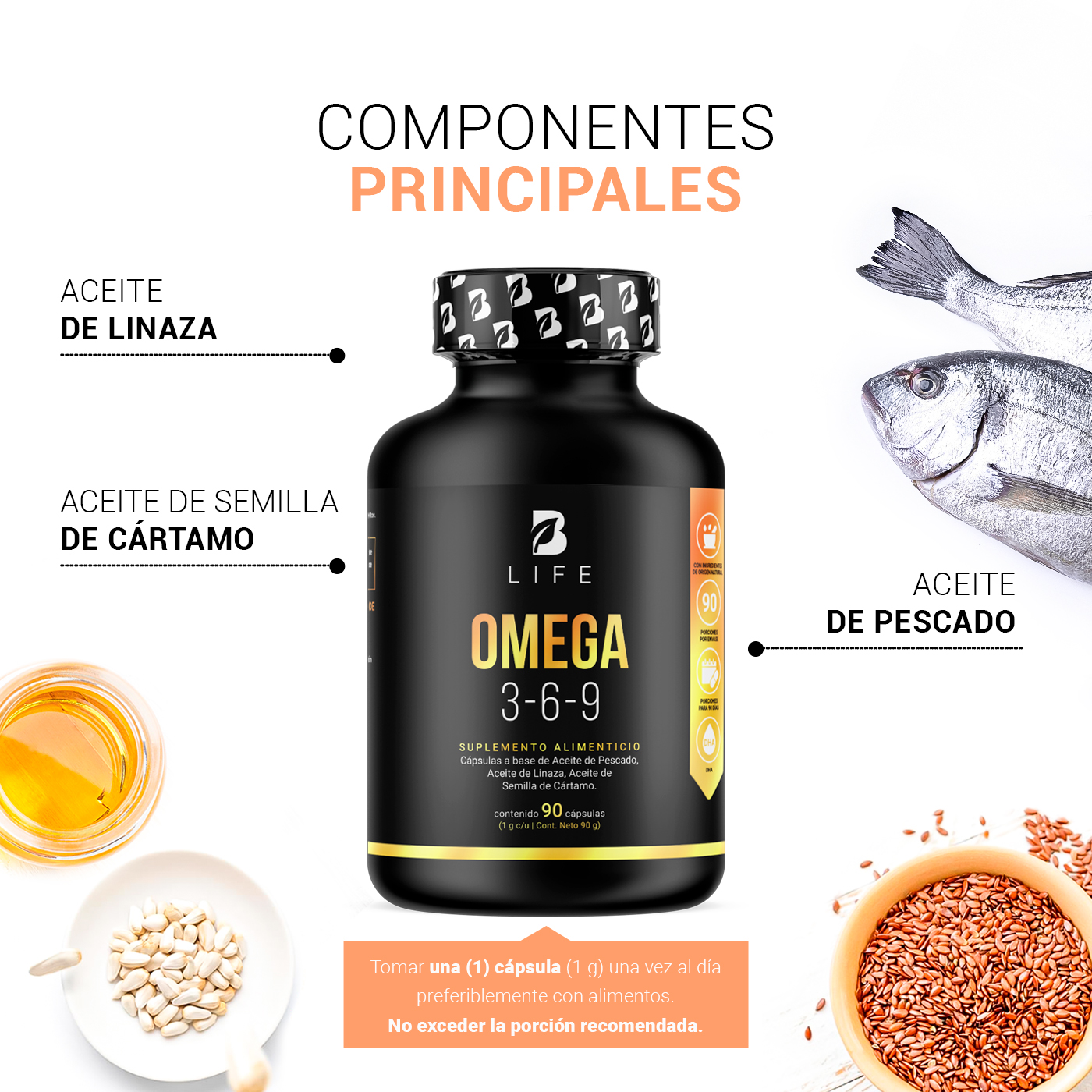 Foto 4 pulgar | Omega 3-6-9 Pescado Linaza Cártamo 90 Cápsulas B Life
