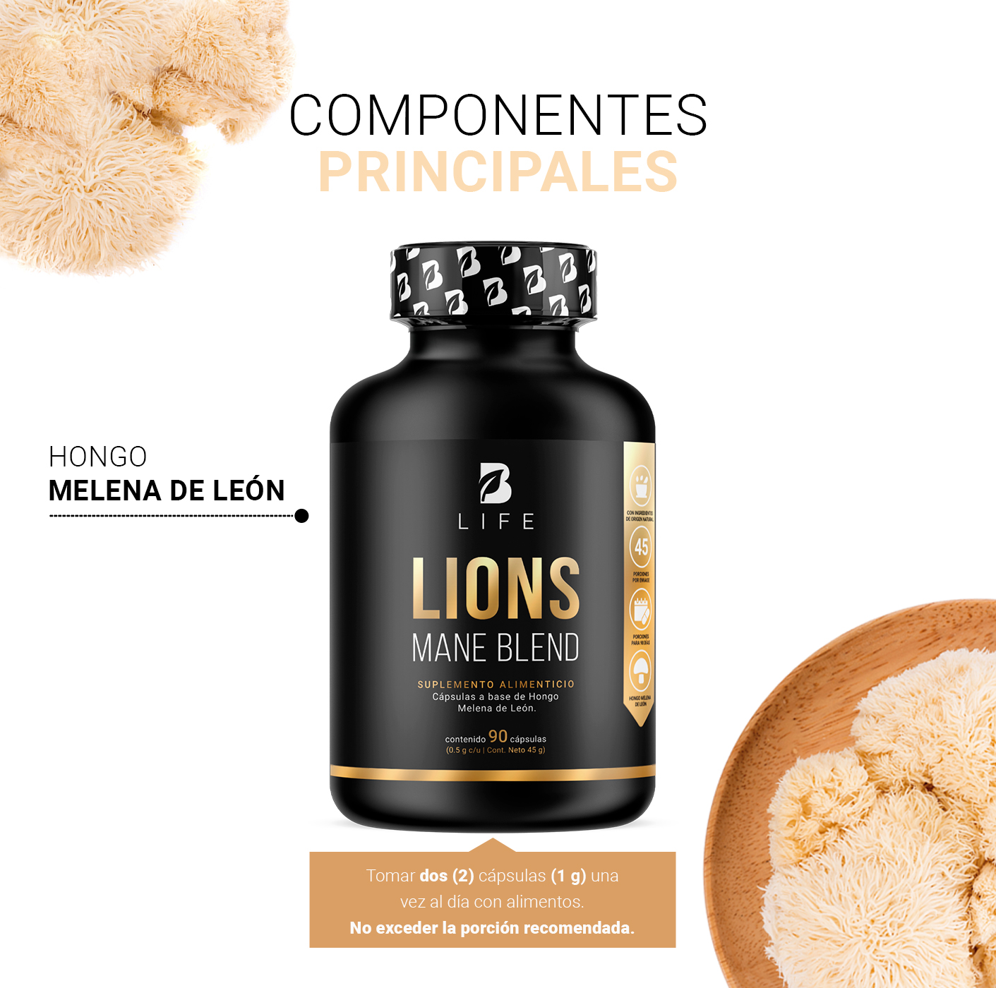 Foto 3 | Suplemento Alimenticio Hongo Melena de León Puro 90 Cápsulas Ingredientes Naturales Lions Mane Blend B Life