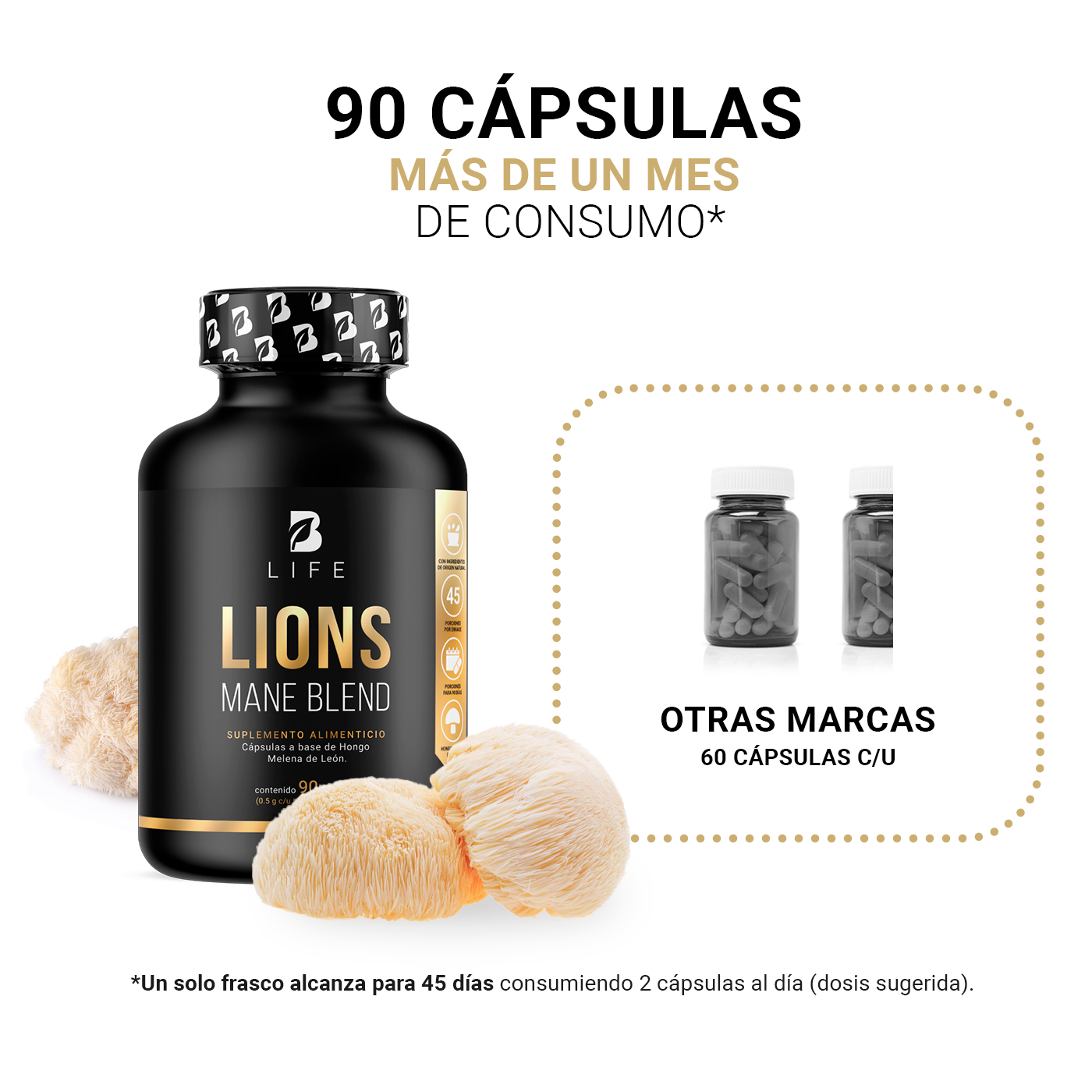 Foto 5 pulgar | Suplemento Alimenticio Hongo Melena de León Puro 90 Cápsulas Ingredientes Naturales Lions Mane Blend B Life