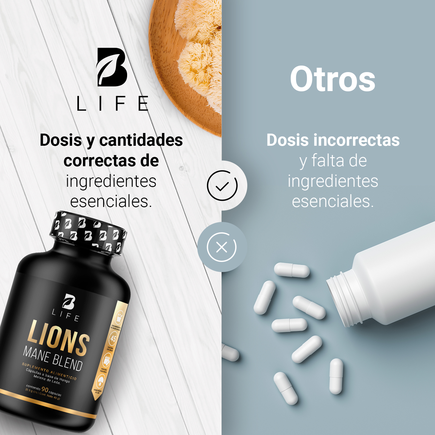 Foto 5 | Suplemento Alimenticio Hongo Melena de León Puro 90 Cápsulas Ingredientes Naturales Lions Mane Blend B Life