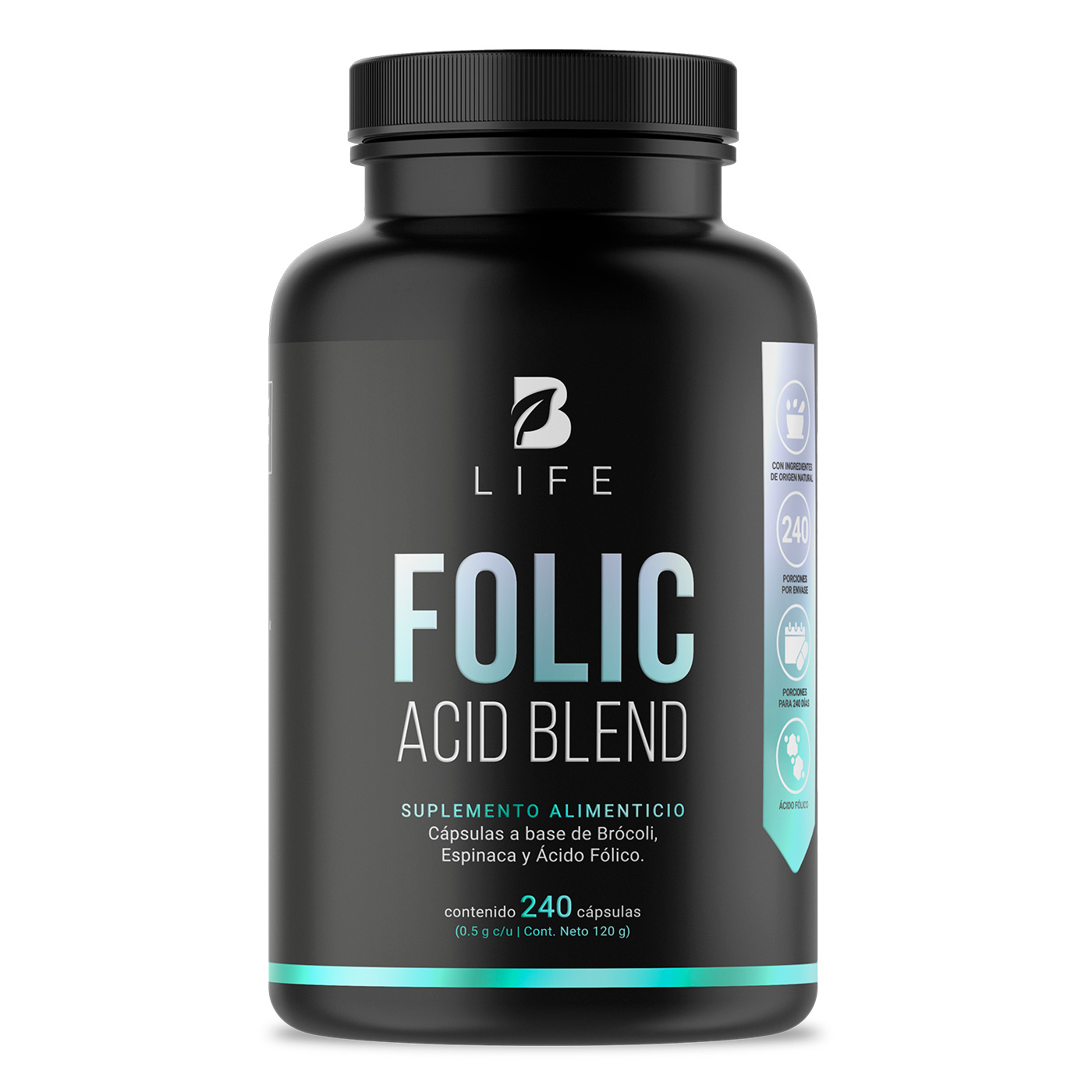 Ácido Fólico de 240 Cápsulas con Brócoli y Espinaca Ingredientes Naturales Folic Acid Blend B Life