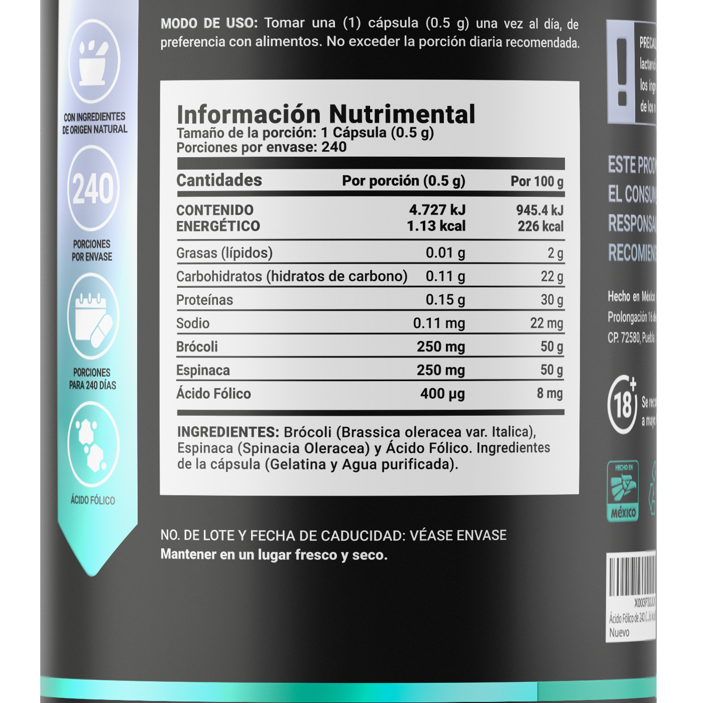 Foto 2 | Ácido Fólico de 240 Cápsulas con Brócoli y Espinaca Ingredientes Naturales Folic Acid Blend B Life