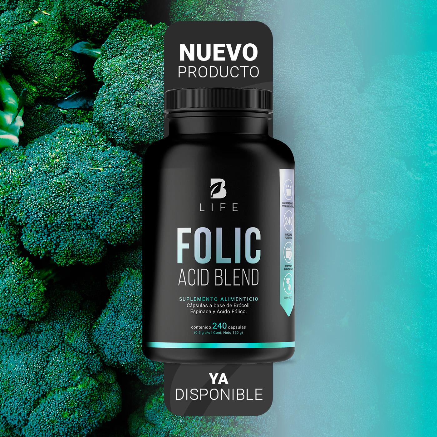 Foto 4 pulgar | Ácido Fólico de 240 Cápsulas con Brócoli y Espinaca Ingredientes Naturales Folic Acid Blend B Life