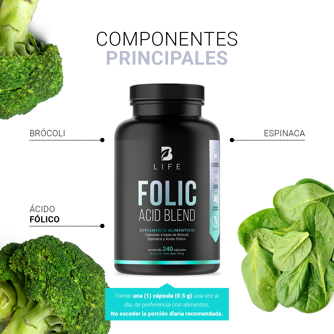 Foto 5 pulgar | Ácido Fólico de 240 Cápsulas con Brócoli y Espinaca Ingredientes Naturales Folic Acid Blend B Life